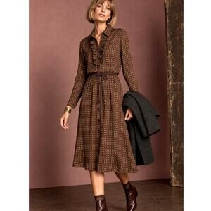NWT! Nili Lotan 6 Polka Dot 100% Silk Sasha Midi Shirt Dress $795 Ruffle Brown